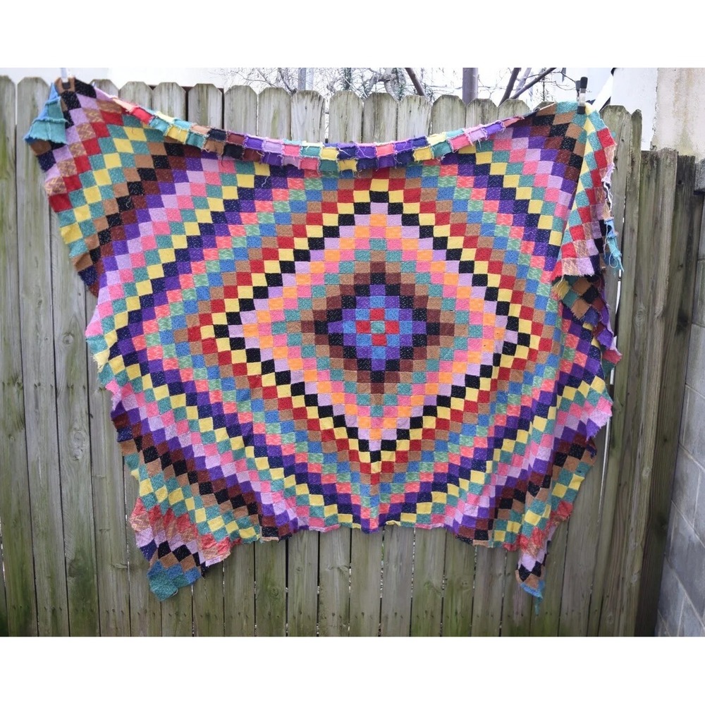 Vintage Patchwork Quilt Postage Stamp Square Diamond Pattern Hand Sewn 72x57